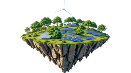 Floating island featuring a wind turbine and solar panels, surrounded by vibrant greenery, symbolizing renewable energy and environmental sustainability