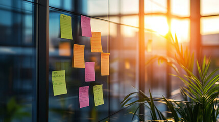 Creative Office Space with Sticky Notes on Glass Wall During Sunset, Brainstorming and Planning Session
