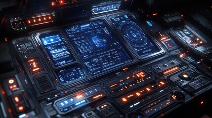 Futuristic spaceship control panel with glowing displays and buttons.