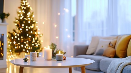 Obraz premium minimalist, living room, interior, design. A cozy living room adorned with a Christmas tree, warm lights, candles, and comfortable furnishings, creating a festive and inviting atmosphere.