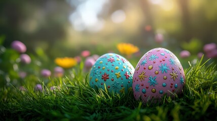 In a serene outdoor setting, two artistically decorated Easter eggs rest on lush grass, surrounded by blooming flowers, creating a peaceful and colorful scene of spring.