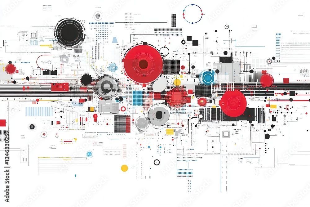 Poster abstract geometric composition with circles and lines in red and black