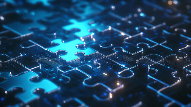 Digital puzzle pieces interlocking seamlessly, glowing against a futuristic blue abstract background, symbolizing the concept of API integration and seamless connectivity