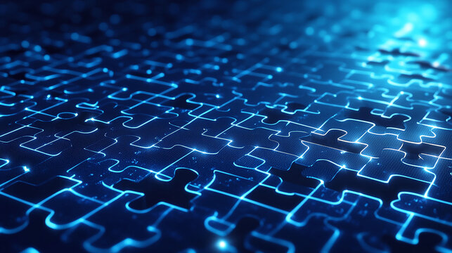 Digital puzzle pieces interlocking seamlessly, glowing against a futuristic blue abstract background, symbolizing the concept of API integration and seamless connectivity