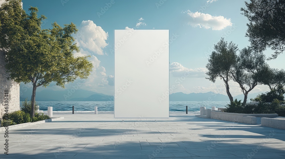 Poster vertical empty display for advertisement in serene coastal setting with clear blue sky and lush gree