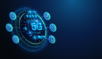 Lowpoly 5G Communication Hardware With Lineart Icons. Abstract geometric illustration on fifth generation wireless mobile network connection technology concept by wireframe mesh on blue background