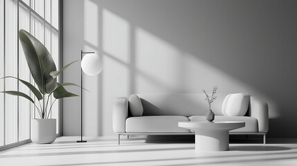 Fototapeta premium minimalist, living room, interior, design. A minimalistic living room featuring a light sofa, a round coffee table, and a large plant, illuminated by natural light and casting soft shadows.