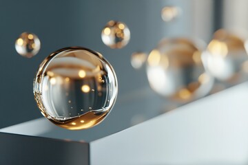 Golden water droplets form delicately upon a sleek glass surface, reflecting light beautifully. The softly blurred background enhances the minimalist elegance of the composition