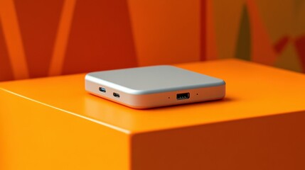 Fast-charging USB-C adapter in matte gray, sitting on a vibrant orange surface for a modern aesthetic.