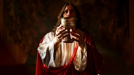 Evangelical Last Supper, Jesus Christ raises the cup of wine, Holy Communion. For use in Christian religious publications
