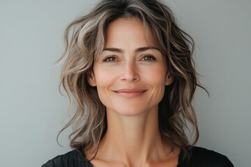 Fototapeta premium Smiling woman with wavy hair and natural makeup against a neutral background in a calm, serene atmosphere