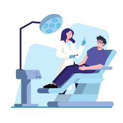 A dentist explains a procedure to a patient sitting comfortably in a modern dental chair. Perfect for dental practice websites and brochures.