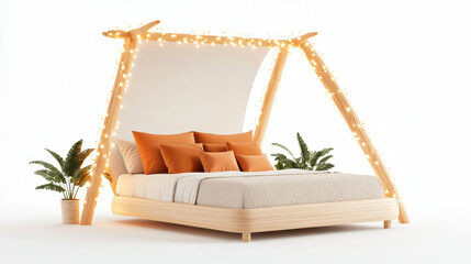 cozy bedroom featuring canopy bed adorned with twinkling fairy lights, surrounded by lush green plants, creating warm and inviting atmosphere