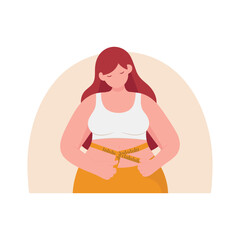 A woman measures her stomach with a centimeter tape. The problem with being overweight. Fatness. Nutritionist and diet concept. Vector illustration isolated on white.
