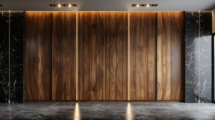 Wooden wardrobe against black marble wall in minimalist style interior design of modern bedroom
