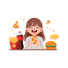 Cute cartoon little girl happy eating junk food. Eating habits woman. Bad habit. Unhealthy nutrition. Pizza, burger, fast food. Vector Illustration isolated on white.