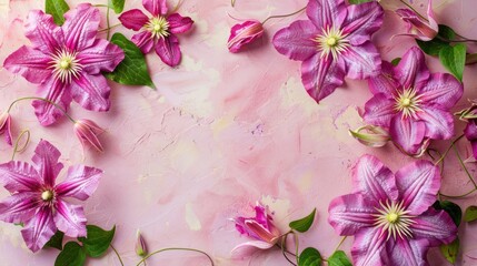 Pink clematis flowers elegantly arranged on a soft pastel background, creating a serene floral display
