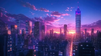 Obraz premium cityscape at twilight with glowing lights, skyscrapers piercing the sky, serene yet bustling, city coming to life as sun sets