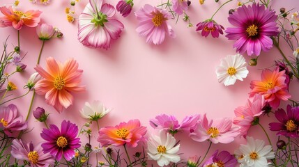 Vibrant arrangement of various flowers on a soft pink background, creating a cheerful atmosphere