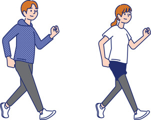 健康のためウォーキングする若い男女