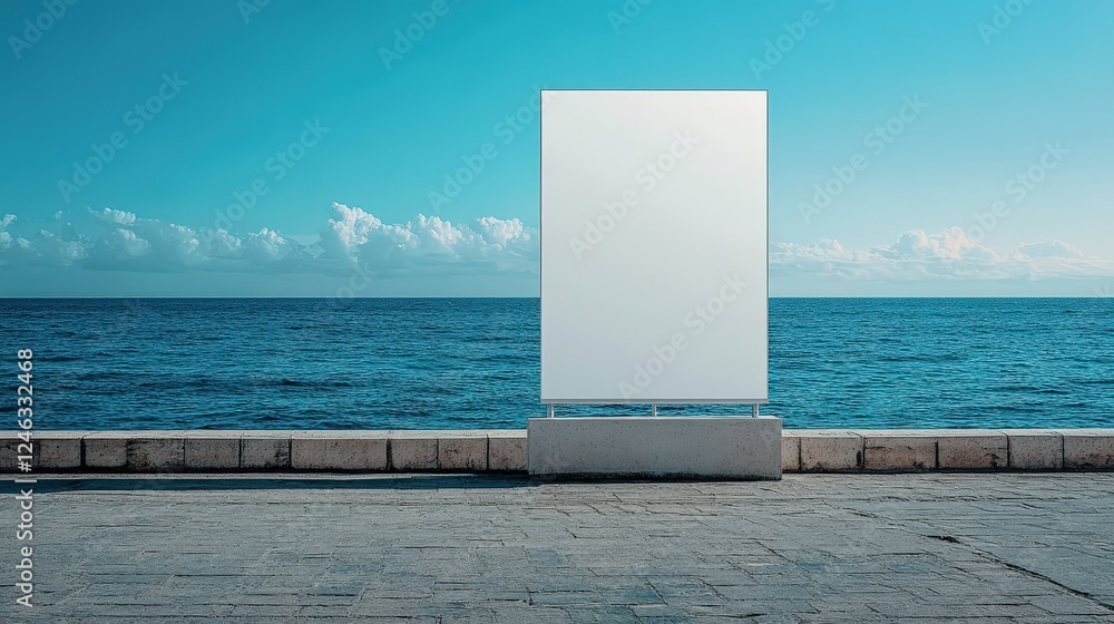 Poster empty vertical display for advertising by the water with a clear blue sky and clouds in the backgrou