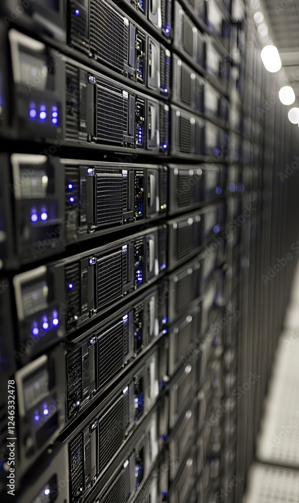 Aufkleber server room with rows of network equipment, data center technology infrastructure