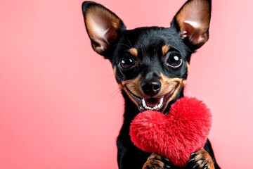 Cute manchester terrier canine with fluffy red heart - emblem of love, funny greeting card. Manchester terrier - my preferred dog. Promotion conceptual art. Valentine's heart decorations.