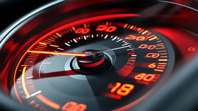 Close-up of a glowing red automobile speedometer needle approaching 40.