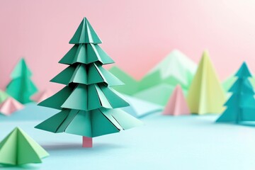Obraz premium Beautiful pastel colored origami trees against a soft gradient background, symbolizing creativity and art in a playful, refreshing atmosphere