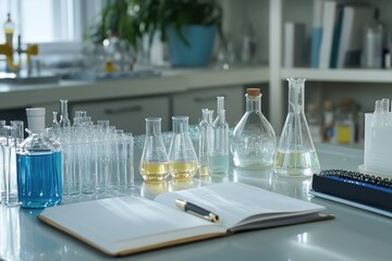 Dynamic chemistry experiment setup on laboratory bench with beakers glassware and notebooks brightly lit modern lab environment scientific exploration perspective