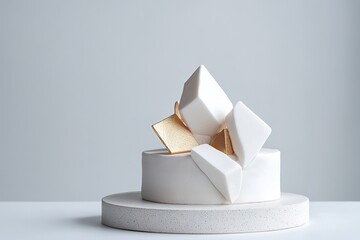 This exquisite cake showcases a minimalist design with sharp, angular fondant textures. Decorated with metallic geometric shapes, it perfectly complements modern celebrations and branding