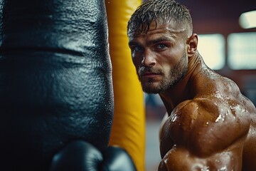 Intense training session at the gym with a focused athlete preparing for a boxing match in a well-equipped training facility