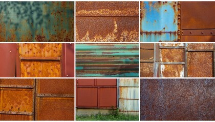 processed collage of old rusty metal sheet texture in daylight background