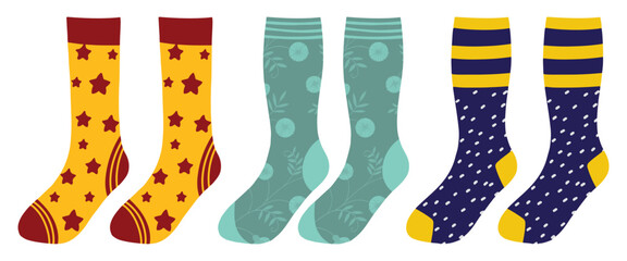 Cute baby socks vector illustration. Collection of colorful socks icons with different ornaments isolated on white background. Funny socks for kids. Christmas hanging socks. Autumn and winter new sock