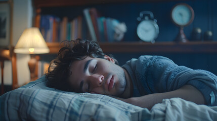 Young man asleep in bed in the morning, nearby there is a classic alarm clock on the table