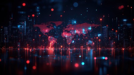 Global network connection, digital world map with cityscapes.
