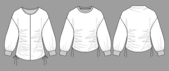 Vector long sleeved blouse fashion CAD, woman jersey top with dropped shoulders technical drawing, round neck t-shirt sketch, template. Jersey or woven fabric sweatshirt, front view, white color