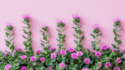 Naklejka premium Colorful arrangement of succulent plants with pink flowers against a pastel pink background