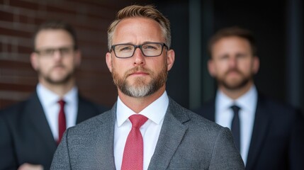 Confident businessman with colleagues, urban background, teamwork