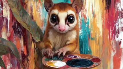 Fototapeta premium Squirrel glider artist paints vibrant colors in a whimsical forest setting