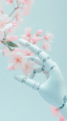Fototapeta premium Futuristic robotic hand gently touching blooming cherry blossom in serene minimalistic setting