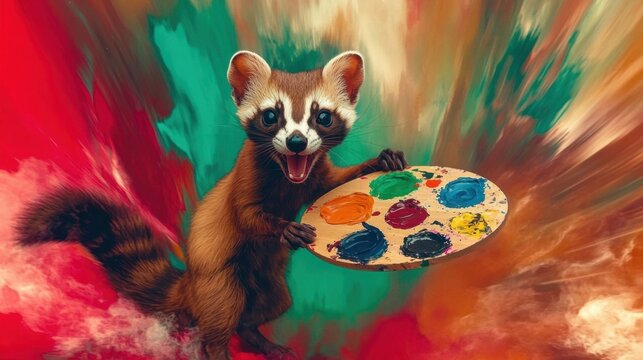 Creative raccoon showcasing vibrant art palette in a whimsical explosion of colors