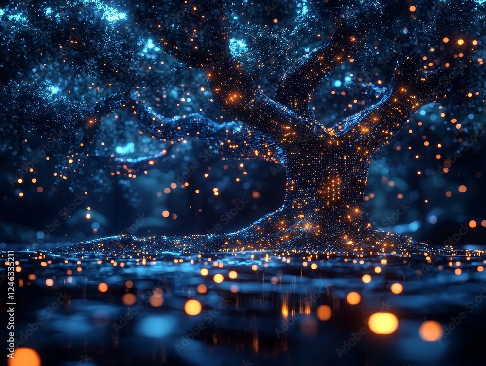 Poster holographic tree with glowing nodes symbolizing successful business networking concept