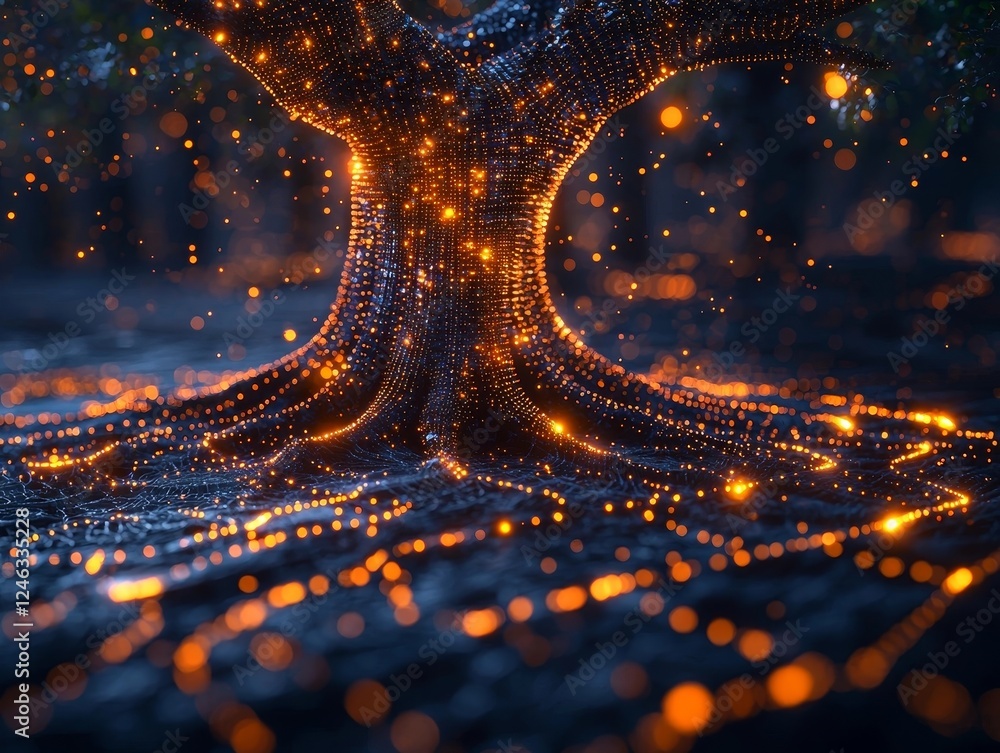 Poster holographic tree of connected nodes represents successful business networking concept