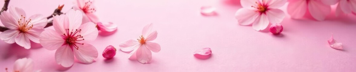 Obraz premium Delicate cherry blossom petals scattered on pink paper background, nature, gentle