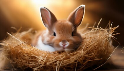 sweet dreams in a hay nest a tiny brown bunny with white markings its eyes closed in peaceful slumber nestled comfortably in a bed of hay