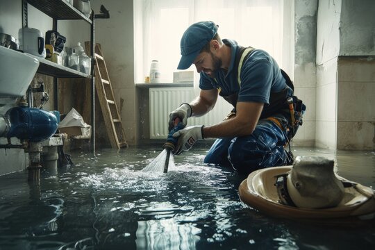 Plumber addresses broken water pipe in a flooded residential space. Generative AI