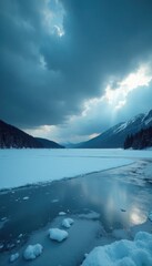 Fototapeta premium Dark storm clouds gathering over a frozen lake in the midst of winter, lake, icy, cloudy