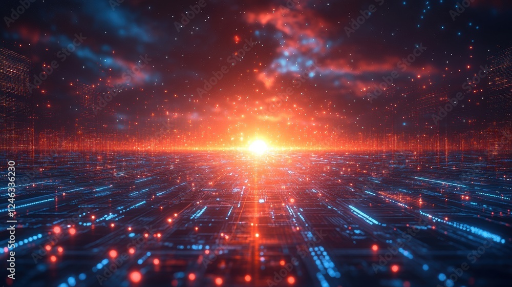 Poster technology background featuring digital grids and illuminated pathways