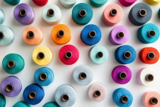 Colorful thread spools arranged on white background, overhead studio shot, textile crafting